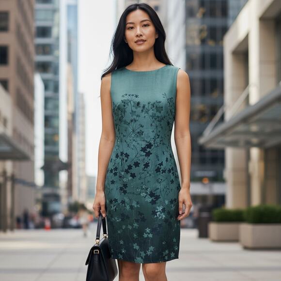 Casual Corner Silk Dress – Teal Sleeveless Sheath with Gradient Floral Print - Picture 1 of 9